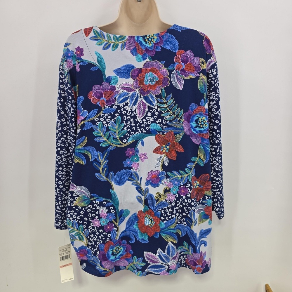 Alfred Dunner Shirt Women 2X Multicolor Floral Rhinestone Tunic Top Boho - Picture 3 of 11